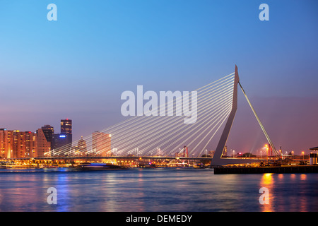 Erasmus Bridge at twilight in the city centre of Rotterdam, Netherlands, South Holland province. Stock Photo