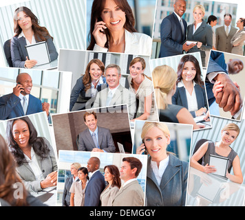 Montage of multiethnic successful businessmen and women team on the phone and tablet computer, in the office and closing deals. Stock Photo
