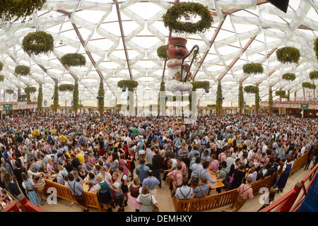 Munich, Germany. 21st Sep, 2013. Guests celebrate at the Hofbraeu-beer tent at the Oktoberfest in Munich, Germany, 21 September 2013. The Oktoberfest is held between 21 September and 06 October 2013. Photo: FELIX HOERHAGER/dpa/Alamy Live News Stock Photo