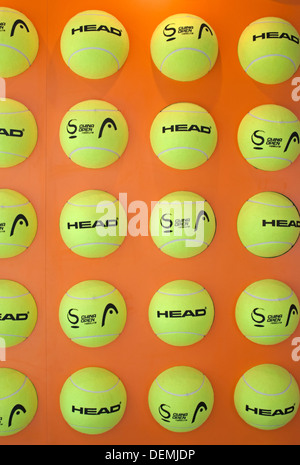 Tennis balls on a stand at the China National Tennis Center, Beijing, China, venue for the China Open WTA / ATP tournament. Stock Photo