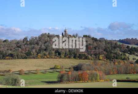 Autumn Landscape in rural England with the West Wycombe Golden Ball monument on top of the Church Tower Stock Photo