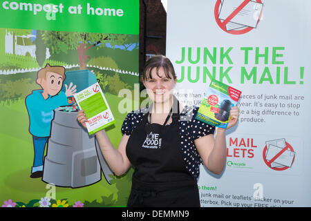 Port Sunlight, Wirral, UK.  21st September, 2013. Claire Brandwood, (MR) Wirral Council Waste prevention environmental Officer at Port Sunlight Village annual Festival, encouraging people to junk the junk mail, and reduce food waste.