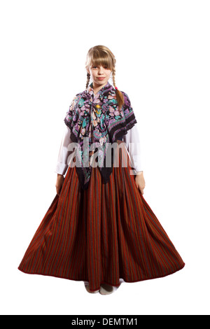 Latvian girl in national costume on a white background Stock Photo