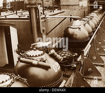 Royal Navy mines on board ship probably 1930s Stock Photo