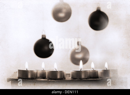 artwork in retro style, burning candles and New Year;s decoration Stock Photo