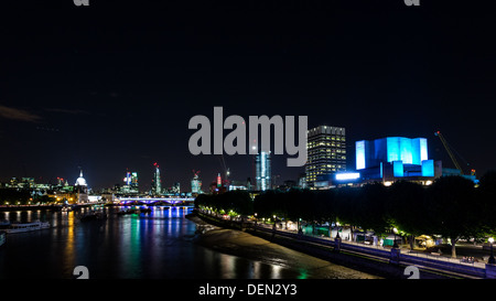 LONDON - CIRCA 2013: Southbank and National Theather during the night from Waterloo Bridge and New Skyline Stock Photo