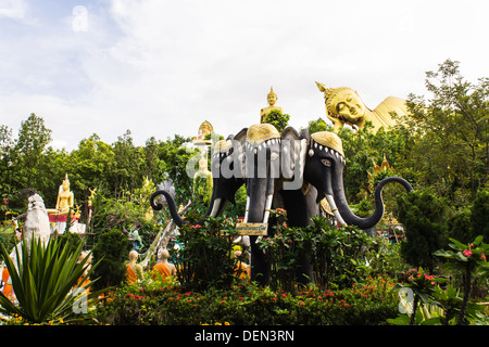 Erawan statue ,Big Reclining Buddha And Standing buddha in Wat Mokkanlan , Chomthong Chiangmai Thailand Stock Photo