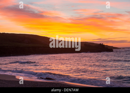 Sunset from Porthmeor beach in St Ives, Cornwall, UK. Stock Photo