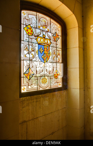 A beautiful stained glass window in the bedroom of Catherine de Medici in the chateau at Chaumont-sur-Loire. Stock Photo