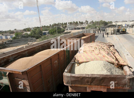 Sept. 22, 2013 - Rafah, Gaza Strip, Palestinian Territory - A Palestinian truck carries cement supplies after upon arrival to the town of Rafah through the Kerem Shalom crossing between Israel and the southern Gaza September 22, 2013. Israel began allowing construction material for private projects into the Gaza Strip on Sunday for the first time in six years, in response to a request from Palestinian President Mahmoud Abbas, an Israeli defence official said  (Credit Image: © Eyad Al Baba/APA Images/ZUMAPRESS.com) Stock Photo