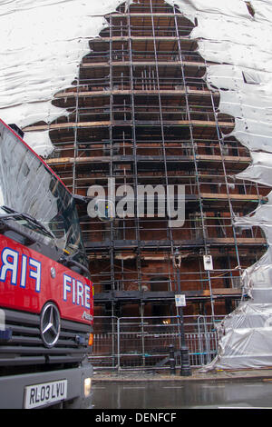 London, UK. 22nd Sep, 2013.  Damage to scaffolding after a fire in a ground floor flat,  in Albert Mansions, Kensington, across the road from The Royal Albert Hall. Credit:  Paul Davey/Alamy Live News Stock Photo