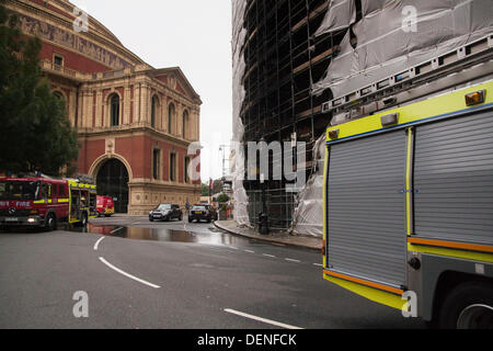 London, UK. 22nd Sep, 2013.  The burnt scaffolding surrounding Albert Mansions after a fire in a ground floor flat, across the road from The Royal Albert Hall. Credit:  Paul Davey/Alamy Live News Stock Photo
