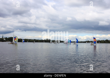 A photograph of an inner city sailing race in Hamburg, Germany. It was a cloudy and moderately windy day. Fun had by all! Stock Photo