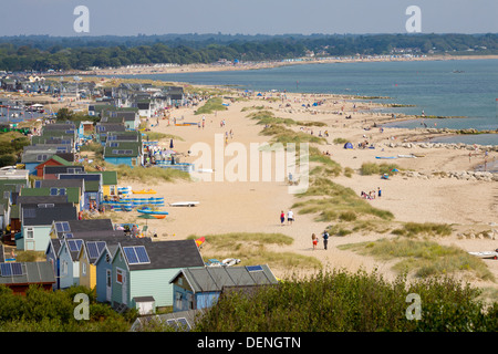 Beach huts on Mudeford Sandbank, Hengistbury Head, Dorset Stock Photo