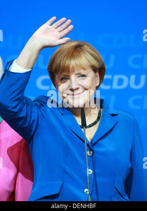 Berlin, Germany. 22nd Sep, 2013. German Chancellor Angela Merkel reacts to first results of the 2013 German federal elections at CDU party headquarters in Berlin, Germany, 22 September 2013. Photo: MICHAEL KAPPELER/dpa/Alamy Live News Stock Photo