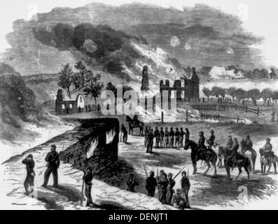 The Battle of Antietam - burning of Mr. Mumma's house and barns, 1862 Stock Photo