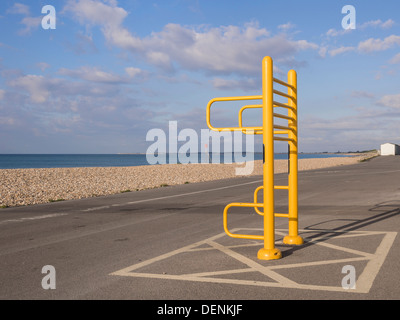 View along seafront promenade with trim trail apparatus by empty beach in Aldwick Bognor Regis West Sussex England UK Britain Stock Photo