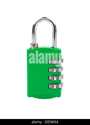 Green padlock with combination lock isolated on the white background Stock Photo