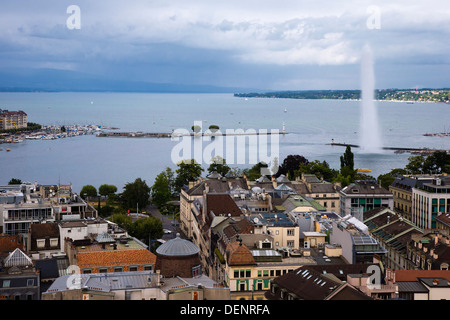 Aerial view of Geneva Lake and the Jet d'eau taken from a tower of the Cathedrale Saint Pierre (Saint Peter Cathedral), Geneva Stock Photo