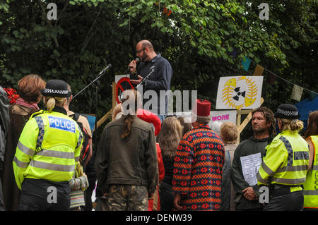 Balcombe, West Sussex, UK. 22nd Sep, 2013. Tommy Cooper lives again at Balcombe as Simon Welsh speaks at his 'Belt it out at Balcombe 3' event.. The anti fracking environmentalists are protesting against test drilling by Cuadrilla on the site in West Sussex that could lead to the controversial fracking process. Credit:  David Burr/Alamy Live News Stock Photo