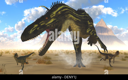 Dinosaur Hunting Ground - Two Dilophosaurus run for their lives as a gigantic Torvosaurus chases after them. Stock Photo