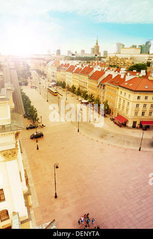 Krakowskie Przedmiescie street panorama from bell tower near main Warsaw Castle square at downtown Stock Photo