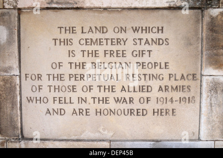 Special Memorial marker at the entrance to the Commonwealth Tyne Cot Cemetery in Zonnebeke, Belgium. Stock Photo