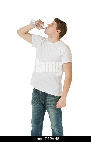 Young man drinking water, isolated on white Stock Photo