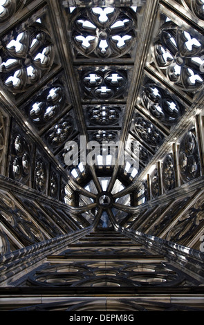 internal view looking up to the top of the openwork spire of the south tower of cologne cathedral germany