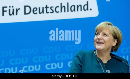 Berlin, Germany. 23rd Sep, 2013. German Chancellor and CDU chairwoman Angela Merkel speaks at the CDU press conference after the 2013 German federal elections in Berlin, Germany, 23 September 2013. Photo: JULIAN STRATENSCHULTE/dpa/Alamy Live News Stock Photo