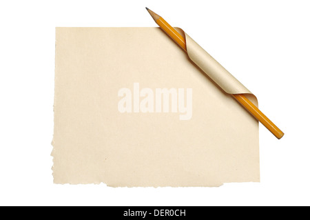 Blank sheet old paper with curled corner and pencil isolated on white Stock Photo