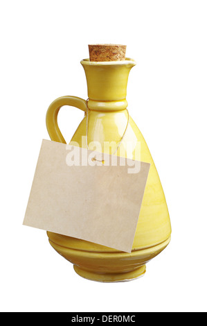 Ceramic jug and blank label isolated on white Stock Photo