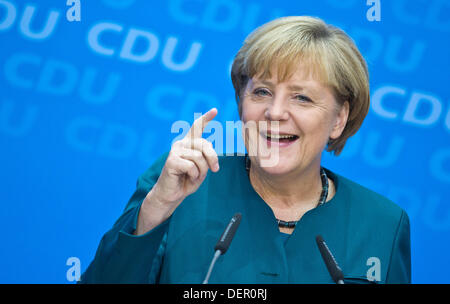 Berlin, Germany. 23rd Sep, 2013. German Chancellor and CDU chairwoman Angela Merkel speaks at the CDU press conference after the 2013 German federal elections in Berlin, Germany, 23 September 2013. Photo: MICHAEL KAPPELER/dpa/Alamy Live News Stock Photo