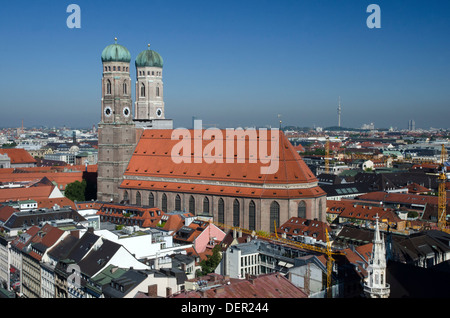 The Frauenkirche on a sunny day taken from St. Peterskirche , Munich , Munchen , Bavaria , Germany Stock Photo