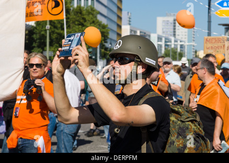 Under the motto 'Freedom not Fear' several thousand people demonstrated for the protection of civil rights on the Internet Stock Photo