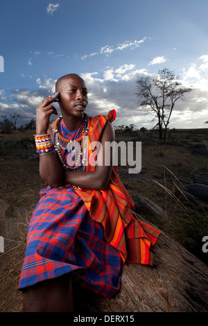 Maasai man on mobile phone, Mara Region, Kenya Stock Photo