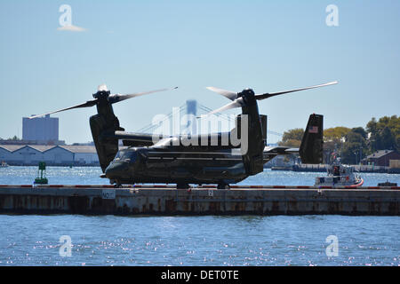 New York, USA. 23rd Sep, 2013. An MV-22 Osprey aircraft sits in New York Harbor after escorting President Obama to the United Nations General Assembly. Credit:  Christopher Penler/Alamy Live News Stock Photo