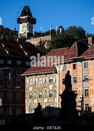 Hauptplatz and Uhrturm on Schlossberg, Graz Stock Photo