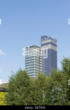 The Co-operative insurance Society (CIS) tower in Manchester. The renovated service tower is covered with photovoltaic panels. Stock Photo