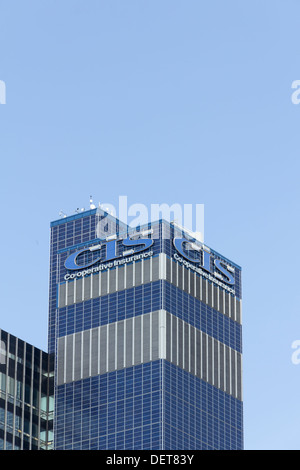 The Co-operative insurance Society (CIS) tower in Manchester. The renovated service tower is covered with photovoltaic panels. Stock Photo