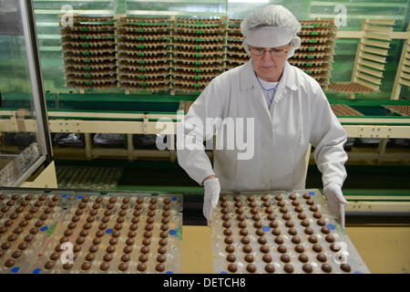 An employee of Stollwerk (GmbH) presents a palette of Christmas chocolate balls in Saalfeld, Germany, 18 September 2013. Thuringian chocolate manufacturers are in the middle of preprarations for the Christmas season. For some, it is the the most profitable time of the year. Photo: Marc Tirl Stock Photo