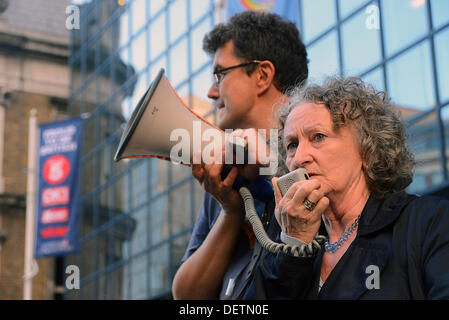 London, UK. 23rd Sep, 2013. Baroness Jones of Moulsecoomb, better known as Jenny Jones, Leader of the Green Group in the London Assembly speaking at 'Stop Sponging on Migrants' protest at Express newspapers over their constant attack on migrants while themselves dodging UK tax. Credit:  See Li/Alamy Live News Stock Photo