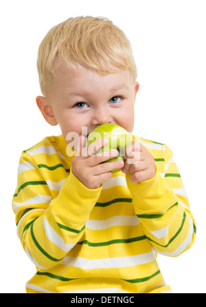 Kid boy eating green apple, isolated on white Stock Photo