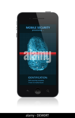 High quality illustration of modern smartphone with process of scanning fingerprint on a screen. Isolated on white background. Stock Photo