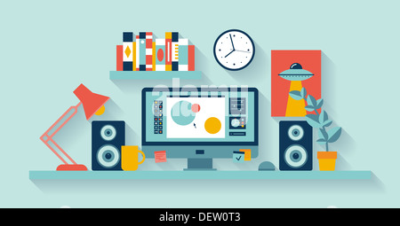 Illustration of modern office interior with designer desktop showing design application creative process Stock Photo
