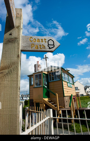 Disused railway signal box on the Tarka Trail coast path at Instow, Devon, England, UK Stock Photo