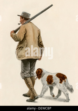 Duck hunter with his dog, circa 1900. Color lithograph of an A.B. Frost illustration Stock Photo