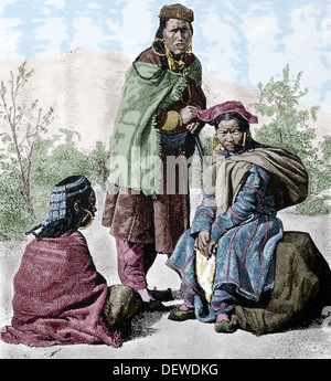 Asia. Tibet. Tibetan People. Engraving. 19th century. Later colouration. Stock Photo