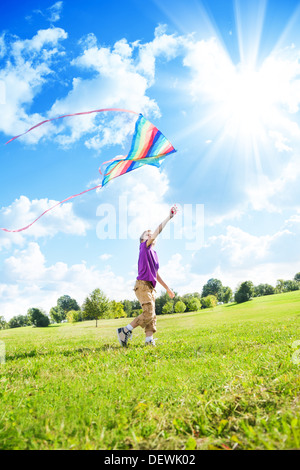 Happy eight years old nice boy playing in field with big color kite  Stock Photo