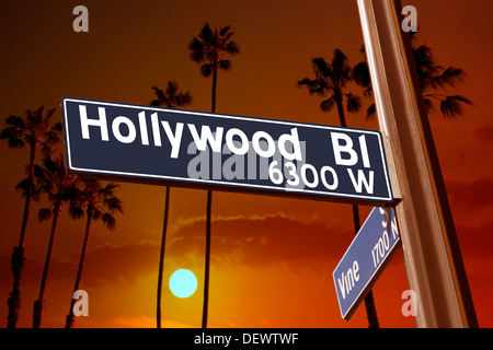 Hollywood Boulevard with Vine sign illustration on palm trees background Stock Photo